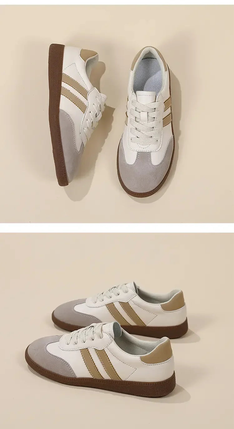 2024 Flat Luxury Shoes Women Autumn New Classic Ladies Sneakers Women Leather Retro Low Cut Lace -up Casual Round Toe Grey White