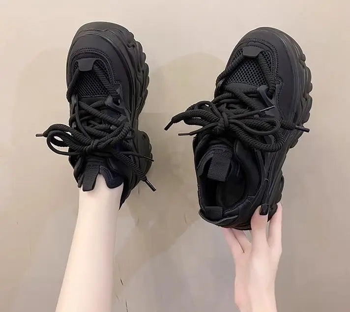 Hidden Heels White Chunky Sneakers Women Breathable Lace Up High Platform Shoes Woman 2025 Autumn Non-Slip Thick Bottom Sneakers