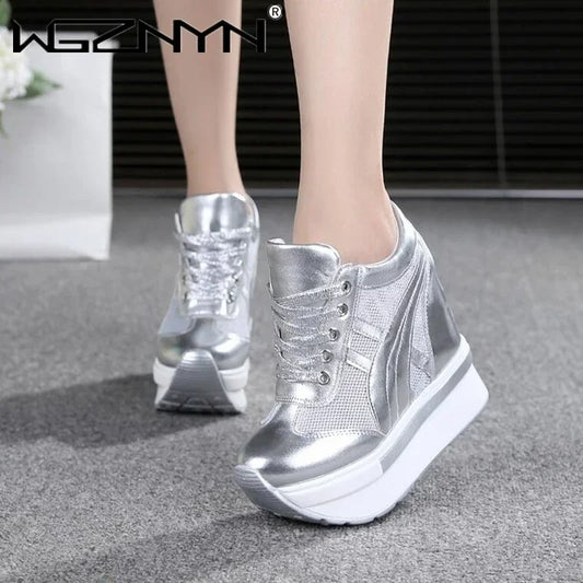 NEW Classic Women Mesh Platform Sneakers White Shoes 10CM High Heel Wedges Outdoor Breathable Casual Shoes Autumn Round Toe 2024