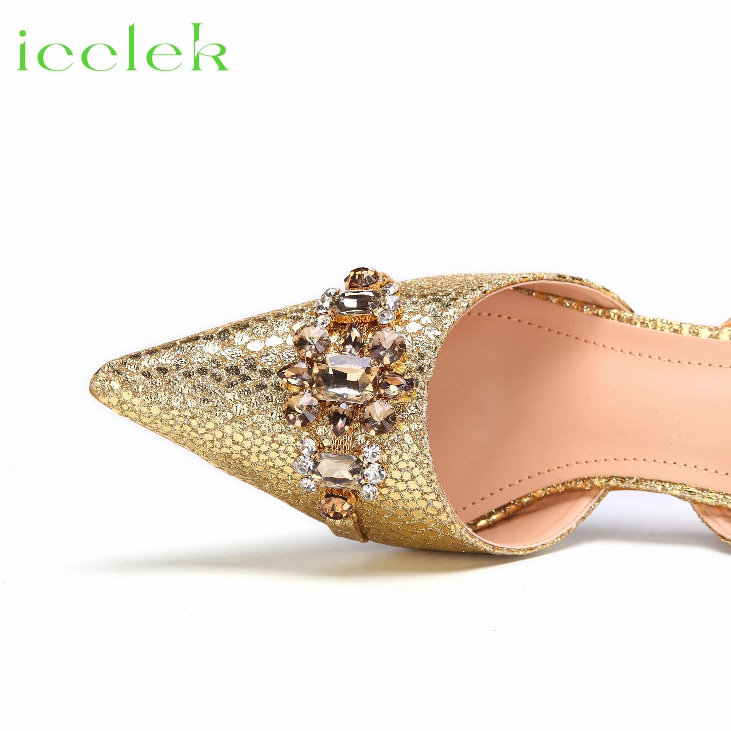 High Heels Shoes for Women Fashion Embroidery Rhinestone Italian Design Gold Color Pointed Toe Shoes and Bags Set