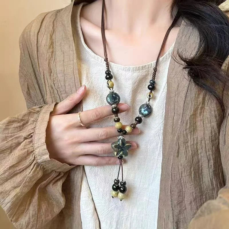 Women's New Necklace Ethnic Handmade Pendant Boho Ceramic Chain Tassel Necklace Jewelry Jewelry Dropshipping