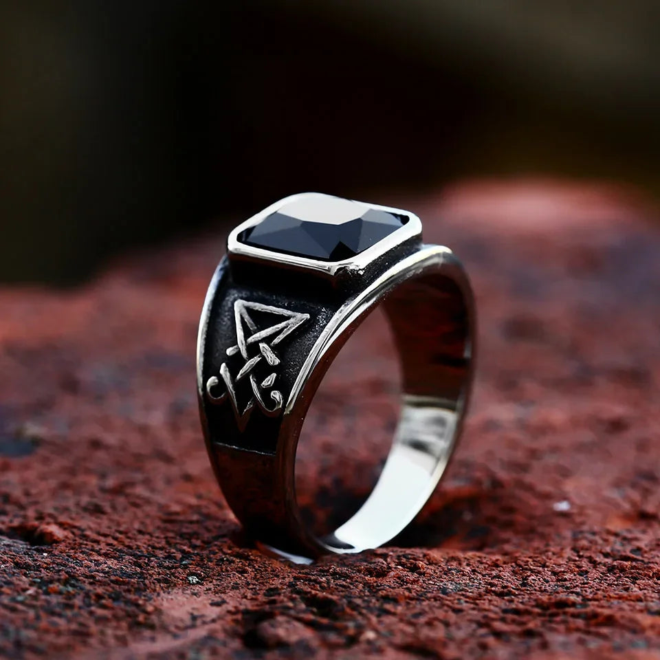 2024 New Updated Design Lucifer Satan Signet Ring For Men With Black Stone Stainless Steel Vintage Jewelry Gift Wholesale