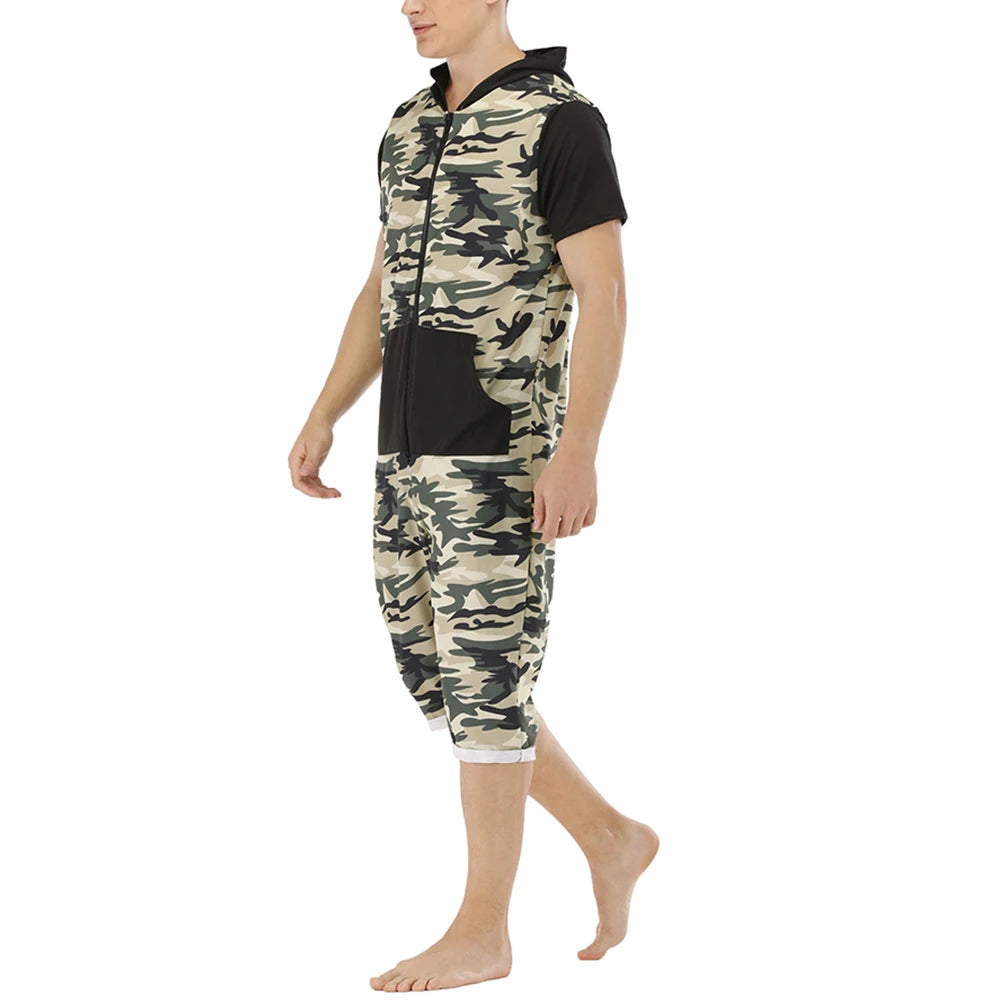 Men Short Sleeve Jumpsuit Sweatshirt Male Hoodies Zipper Overalls Bodysuit Rompers Short Pant Casual Home Wear Tracksuit Pajamas
