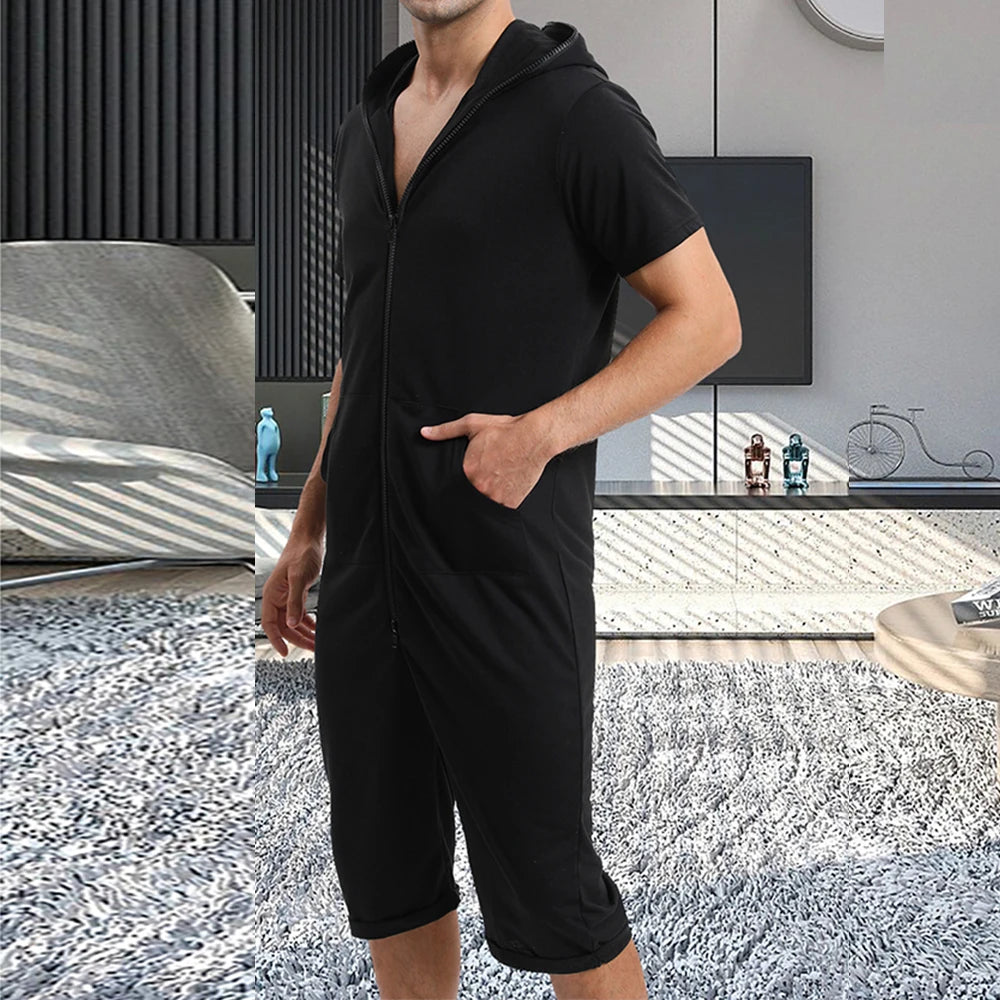 Men Short Sleeve Jumpsuit Sweatshirt Male Hoodies Zipper Overalls Bodysuit Rompers Short Pant Casual Home Wear Tracksuit Pajamas
