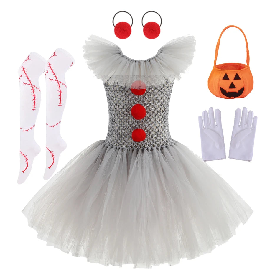 2025 Halloween Cosplay Costume For Kids Gray Joker Girls Tutu Dress Scary Clown Costume Carnival Party Dress Up