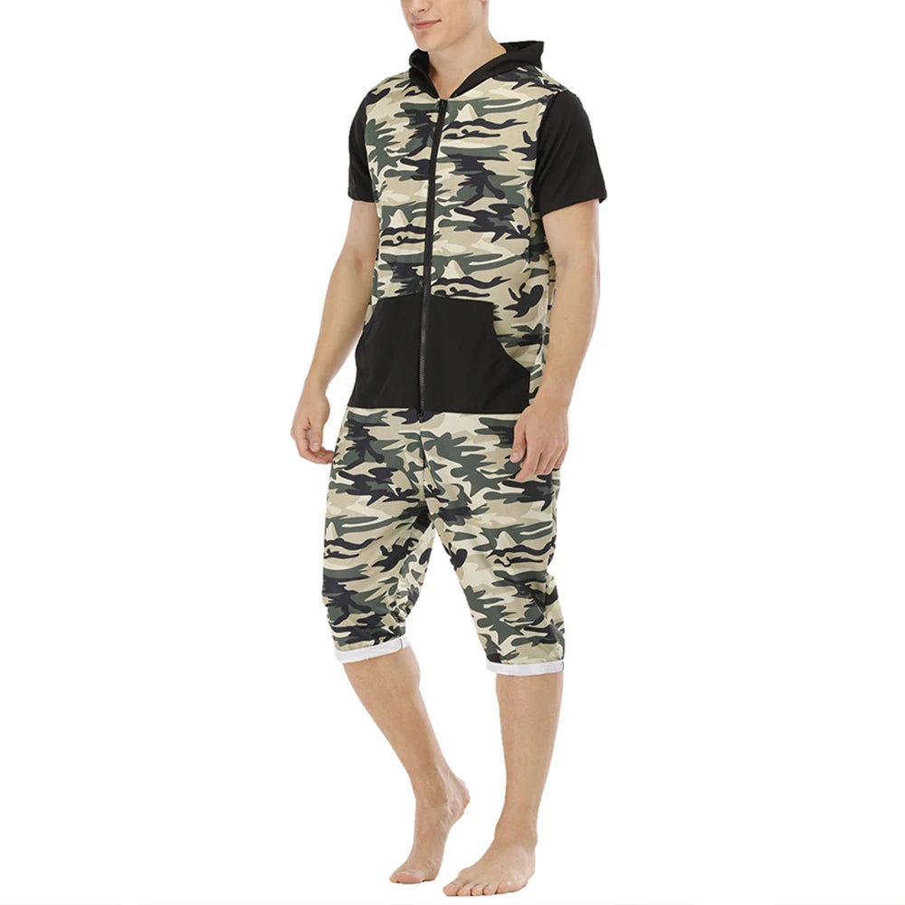 Men Short Sleeve Jumpsuit Sweatshirt Male Hoodies Zipper Overalls Bodysuit Rompers Short Pant Casual Home Wear Tracksuit Pajamas