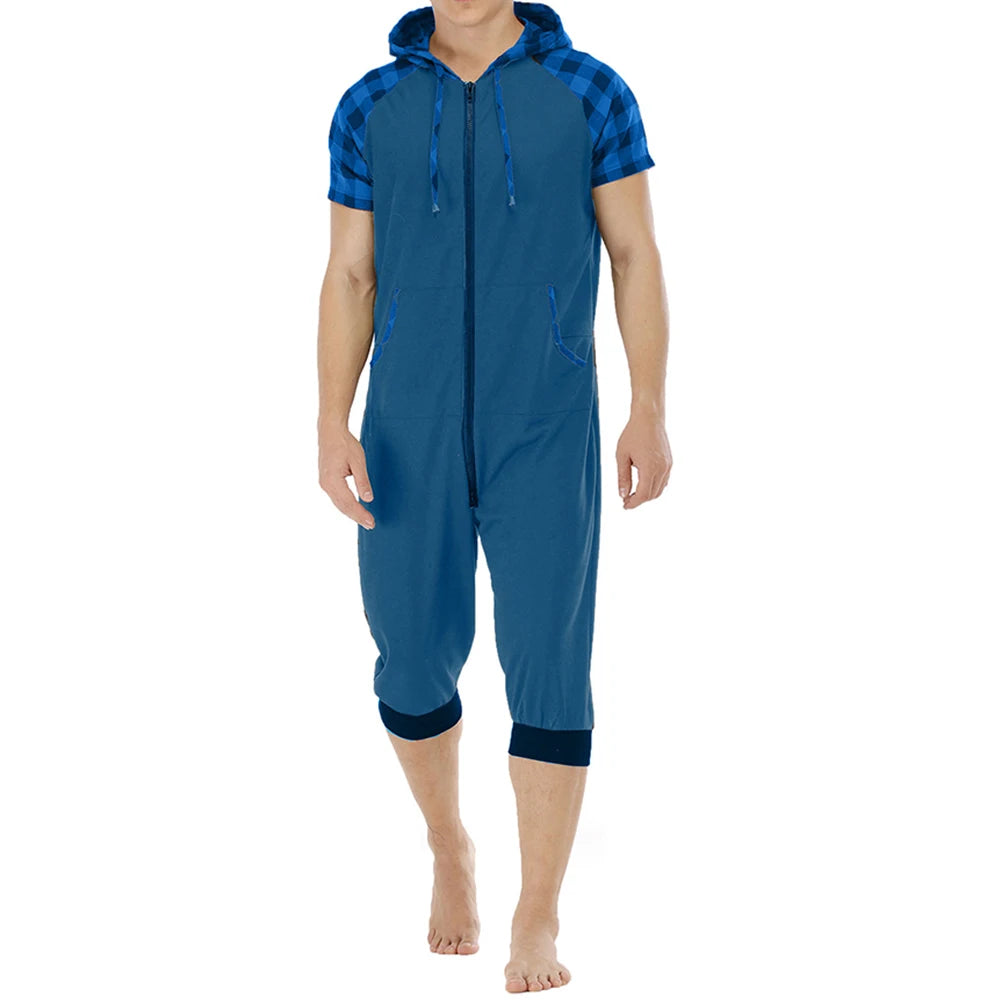 Men Short Sleeve Jumpsuit Sweatshirt Male Hoodies Zipper Overalls Bodysuit Rompers Short Pant Casual Home Wear Tracksuit Pajamas