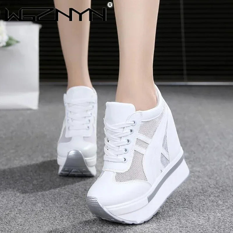 NEW Classic Women Mesh Platform Sneakers White Shoes 10CM High Heel Wedges Outdoor Breathable Casual Shoes Autumn Round Toe 2024