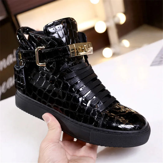 Unisex High-Top Leather Sneakers - Casual Running Shoes with Metal Details