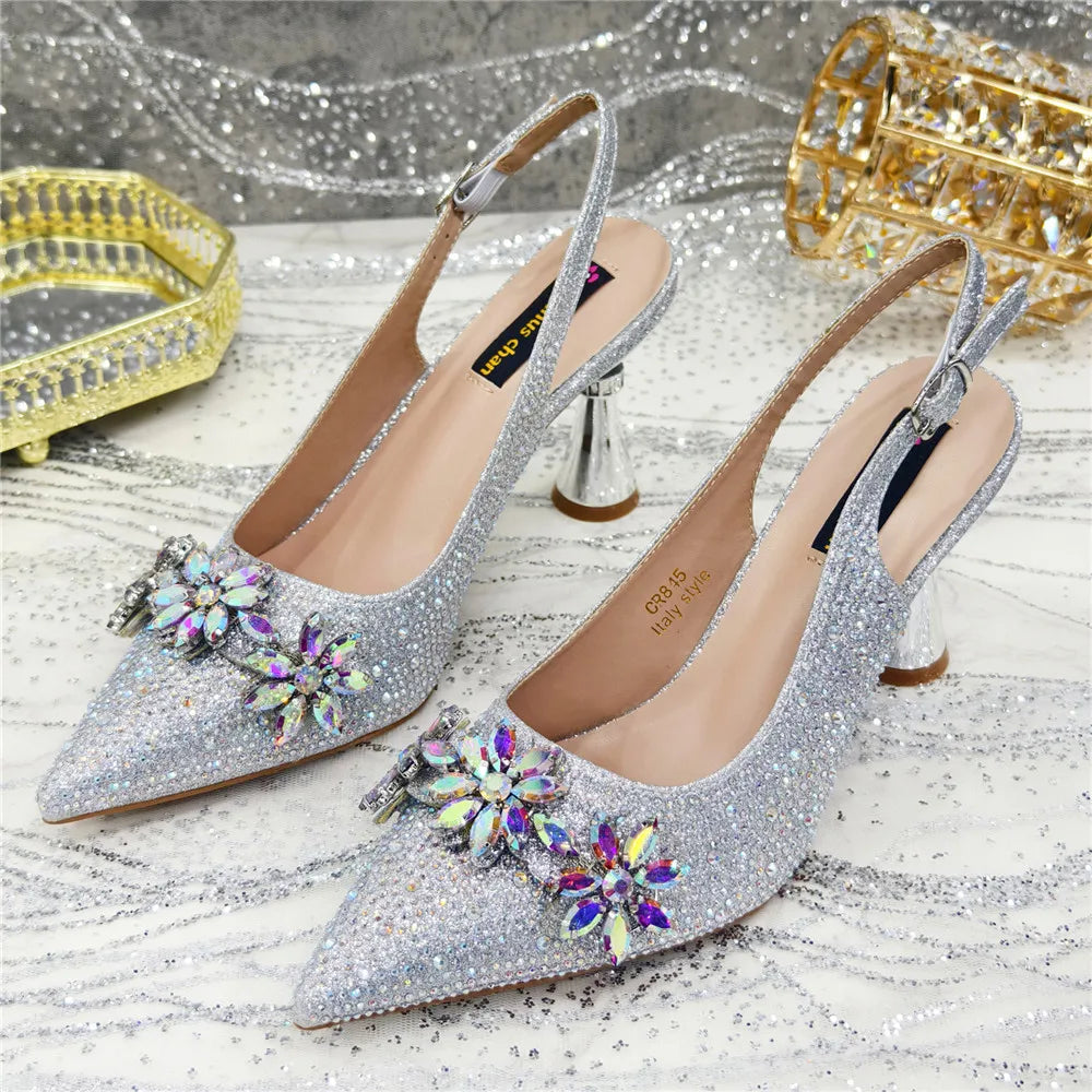 Popularity Pointed Toe High Heels Shoes and Bags Set With Rhinestone for Women Wedding Party Elegant Luxury Fashion