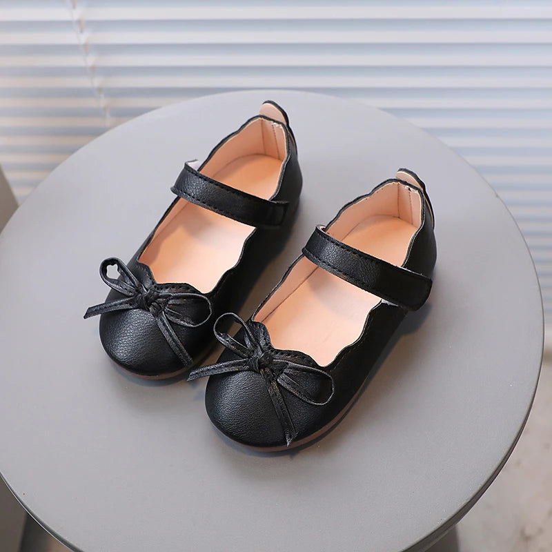 Little Girl's Princess Shoes Spring Black White Bowtie Cute Children Flat Shoe Shallow Matte Pu Leather Comfy Kids Shoe 21-30