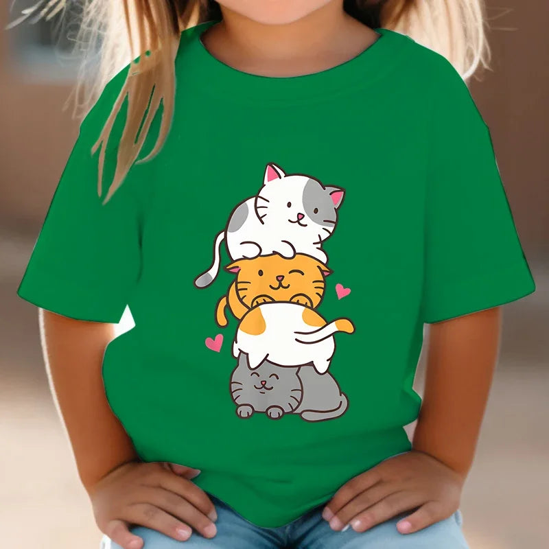 Cute Cat Graphic Kids Tshirts Kawaii T-Shirt Kids Summer Short Sleeve Tees Cartoon Animal Boys Girls Kawaii Kitten Tops Tshirt