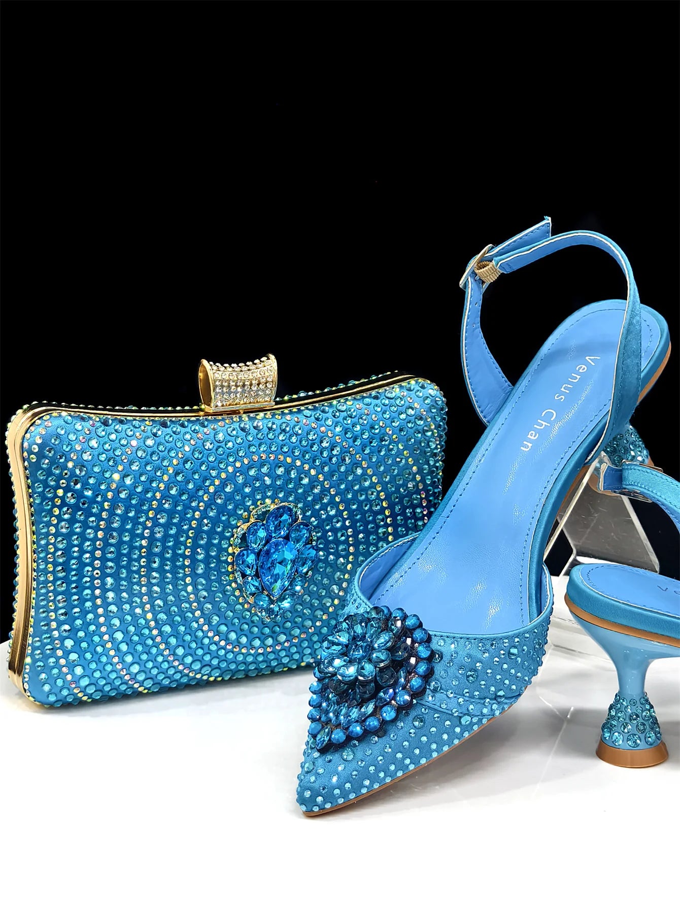 Pointed Toe High Heels Sandals for Women 2025 Elegant Blue Diamond Pumps Italian Shoes and Bags Matching Set