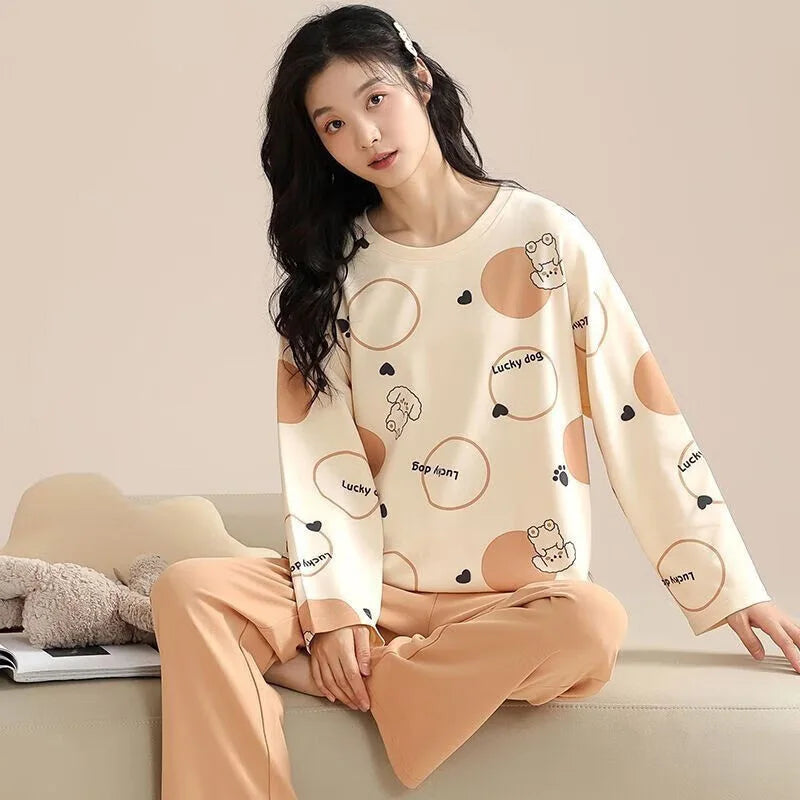 Women's Pajamas Two-Piece Casual Cute Comfortable Sleepwear Homewear Set Tops and Trousers Nightwear Lounge Wear Autumn Winter