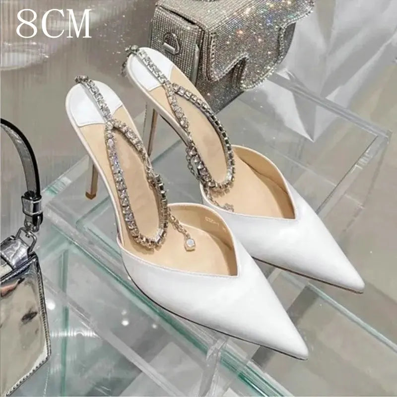 2025 Crystal Pendant White Wedding Shoes Bridesmaid Shoes One-Line Sandals Rhinestone Pointed Stiletto Satin Sexy Party Pumps