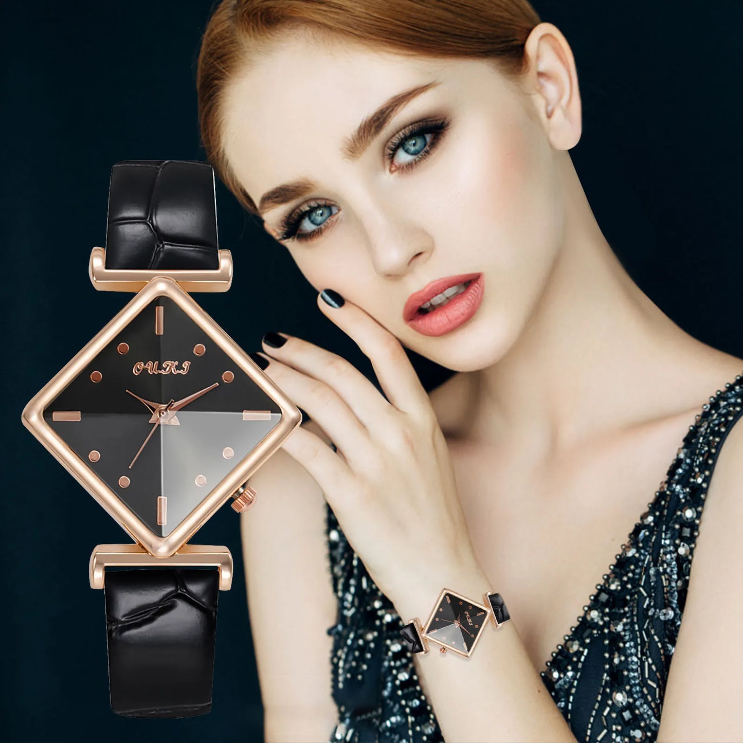 Women'S Casual Square Watch Diamond Glass Sugar Leather Band Simple Scale Luxury Quality Ladies Fashion Quartz Watch