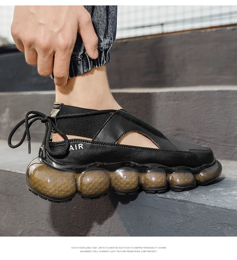 New popcorn cushioned soft sole coconut shoes low top casual sports shoes men's leather summer hollow fashion sandals