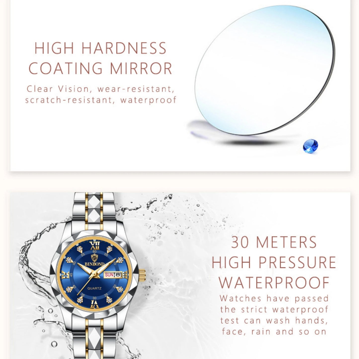 2pcs/set Couple Watches 30M Waterproof Fashion Valentine's Day Gift Stainless Steel Crystal Watch Men Women Quartz Watch 2521
