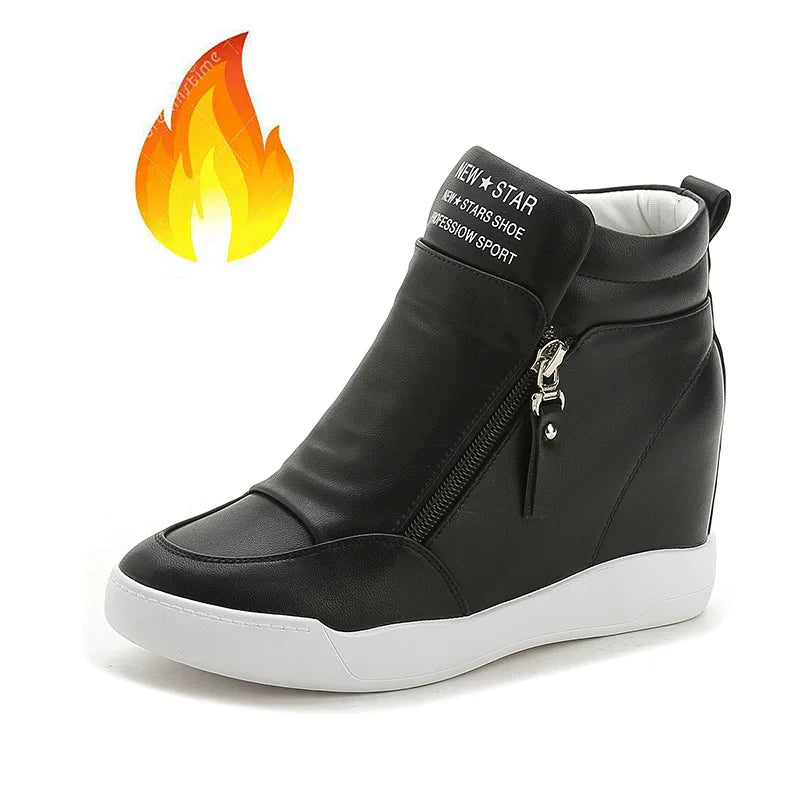 Women Casual Sneakers White PU Platform Shoes Ladies Wedge Sports Shoe Fashion Woman Black Chunky Side Zipper Vulcanized Shoes