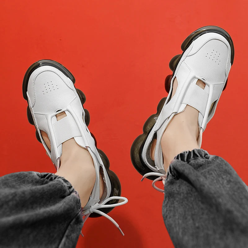 New popcorn cushioned soft sole coconut shoes low top casual sports shoes men's leather summer hollow fashion sandals