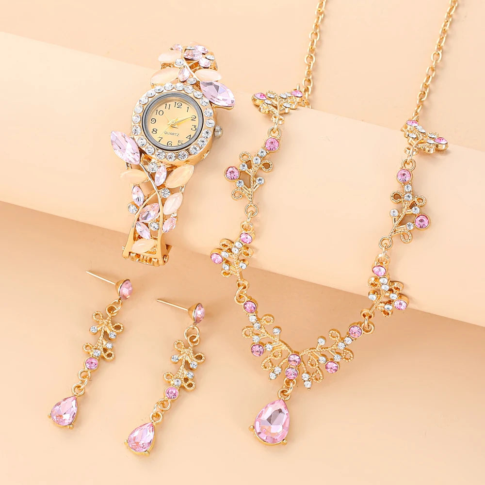 2025 New Korean Women's Diamond Set Leaf Quartz Watch Decorative Temperament Alloy Bracelet Watch Women's Edition