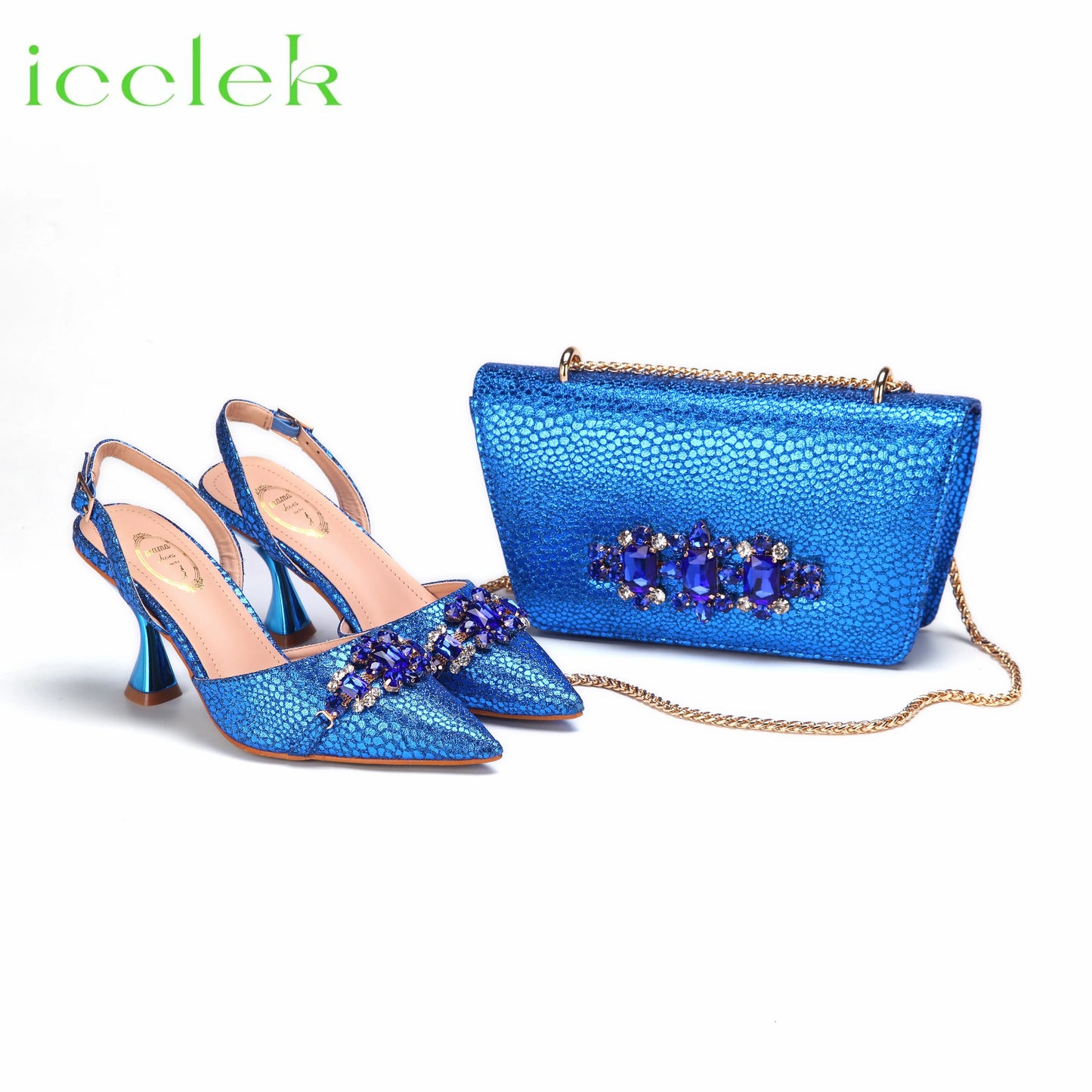 High Heels Shoes for Women Fashion Embroidery Rhinestone Italian Design Gold Color Pointed Toe Shoes and Bags Set