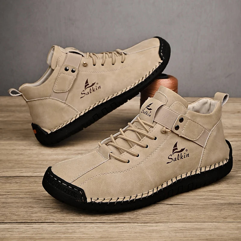 New 2025 Handmade Leather Casual Men Shoes Design Sneakers Man Breathable Leather Shoes Ankle Boots Outdoor Non Slip Walking