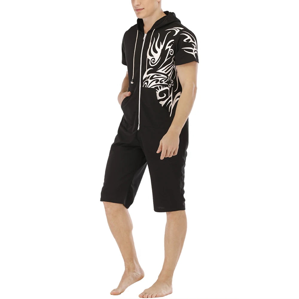 Men Short Sleeve Jumpsuit Sweatshirt Male Hoodies Zipper Overalls Bodysuit Rompers Short Pant Casual Home Wear Tracksuit Pajamas
