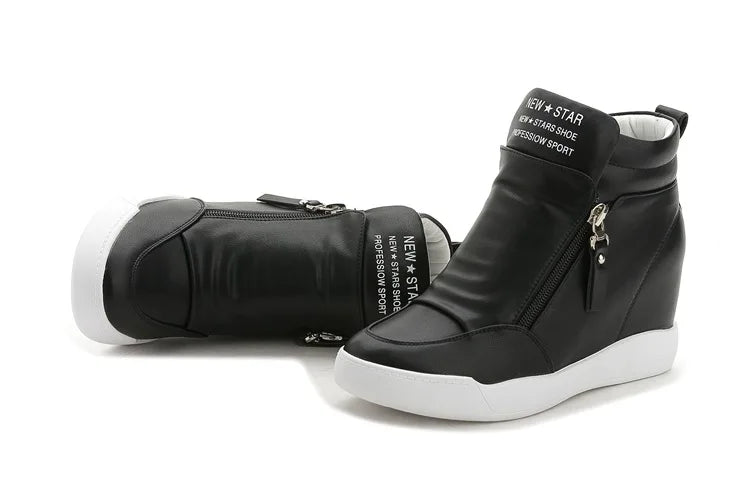 Women Casual Sneakers White PU Platform Shoes Ladies Wedge Sports Shoe Fashion Woman Black Chunky Side Zipper Vulcanized Shoes