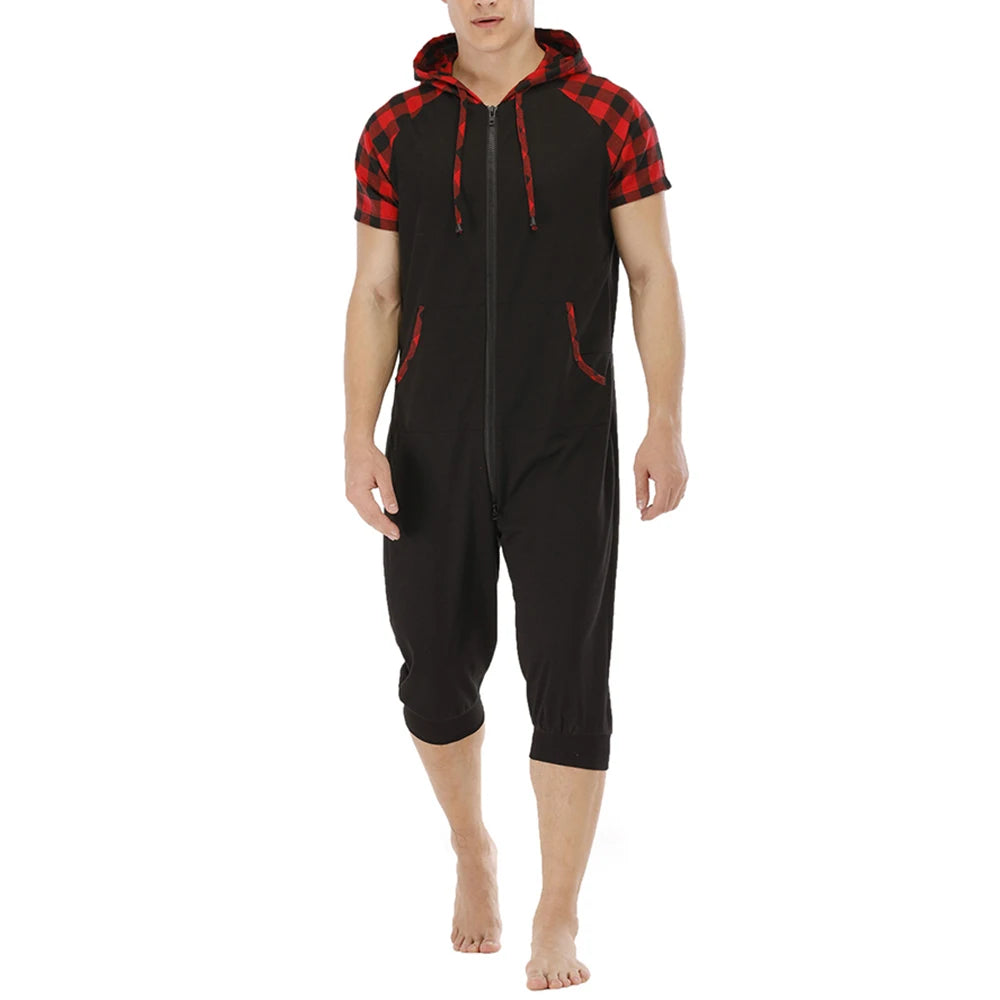 Men Short Sleeve Jumpsuit Sweatshirt Male Hoodies Zipper Overalls Bodysuit Rompers Short Pant Casual Home Wear Tracksuit Pajamas