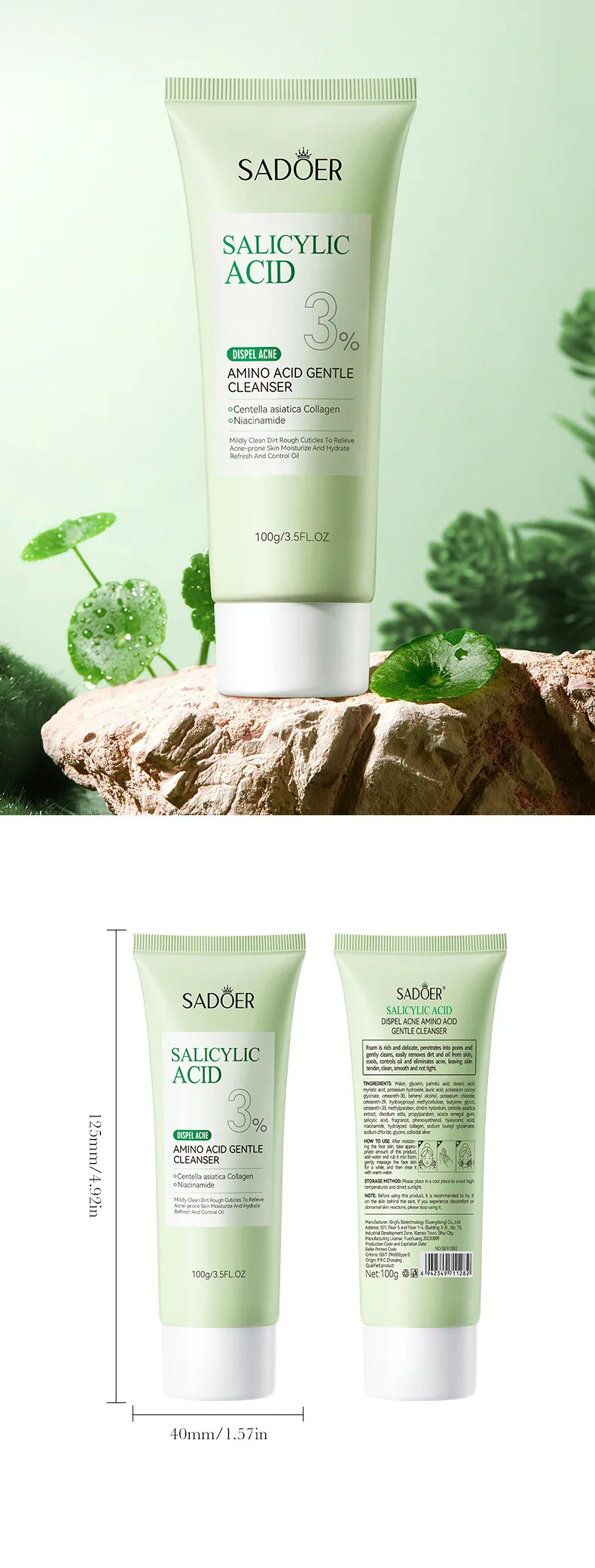 1/2pcs SADOER Salicylic Acid Facial Cleanser Face Wash Foam Face Cleanser Moisturizing Facial Cleansing Face Skin Care Products