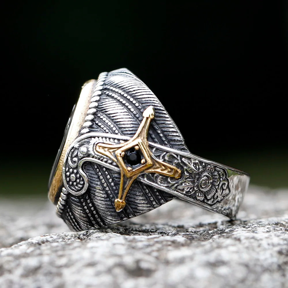 316L Stainless Steel Turkish Signet Ring Zircon Stone Ethnic Style Jewelry Black Size 9