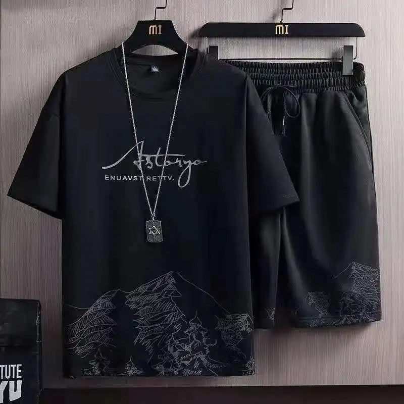 (T-Shirt + shorts)2025 summer men fashion short sleeve t shirts men's casual elastic waist shirts men Two-piece Suit M-5XL