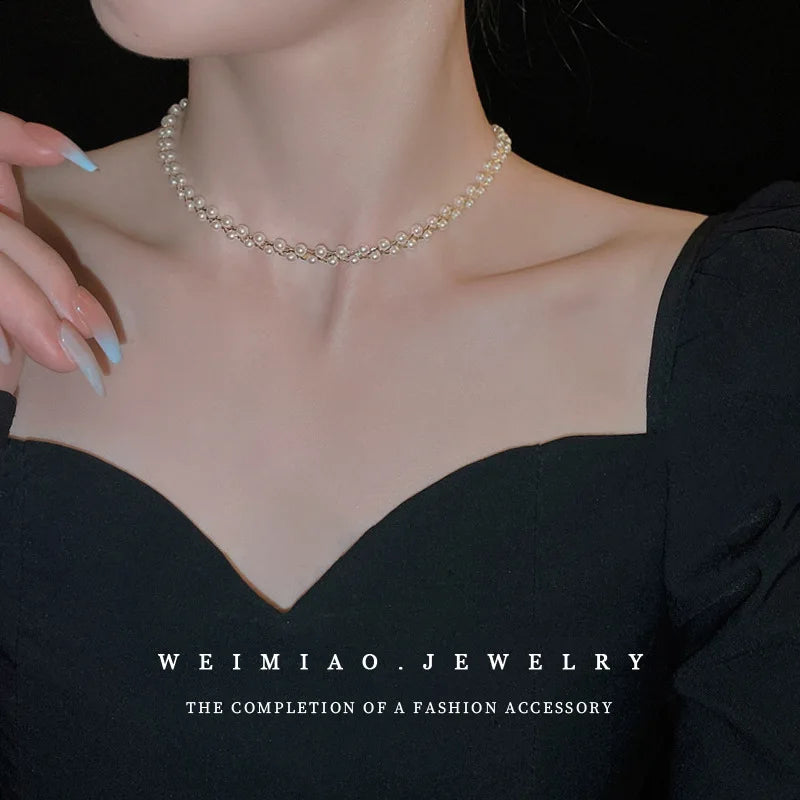 Women Choker Necklace Double Layer Beads Necklace Gift for Friend Silver Color Geometric Necklace Wholesale Collar Jewelry