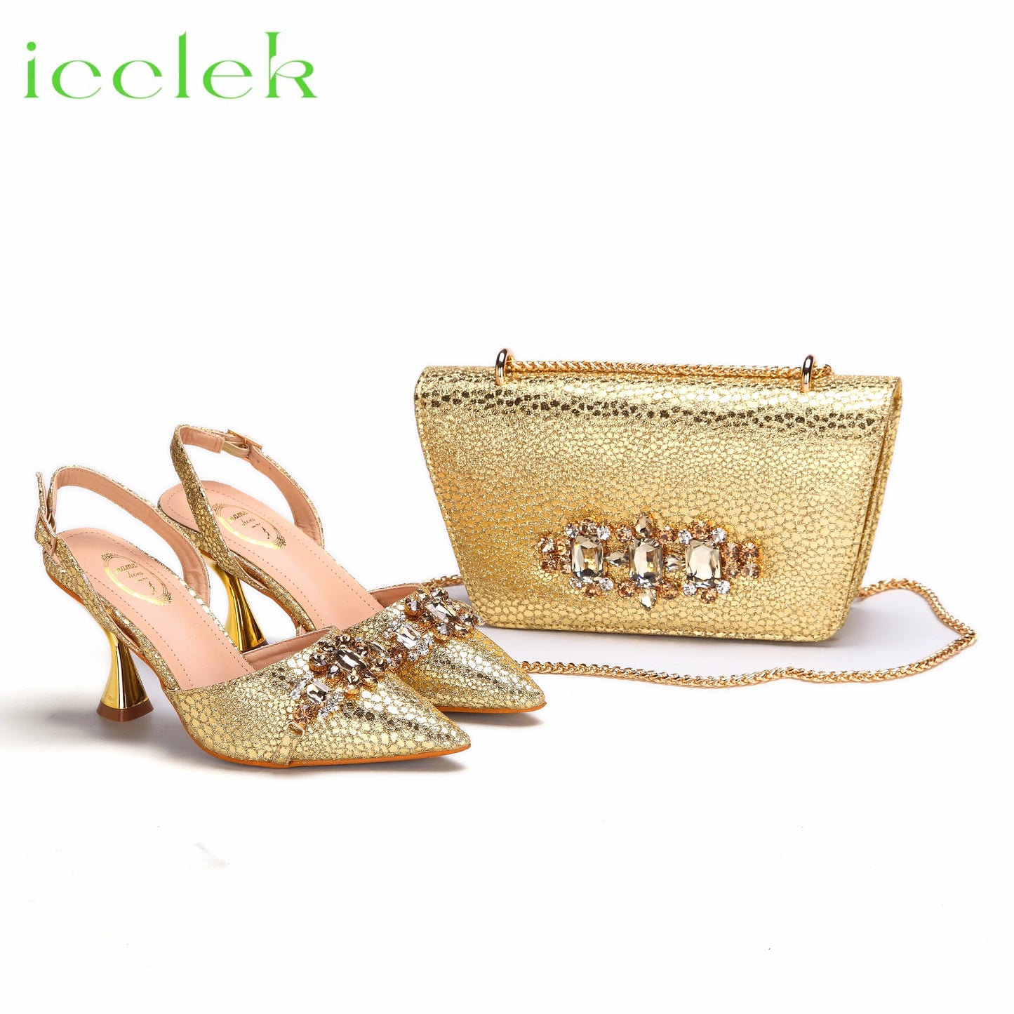High Heels Shoes for Women Fashion Embroidery Rhinestone Italian Design Gold Color Pointed Toe Shoes and Bags Set