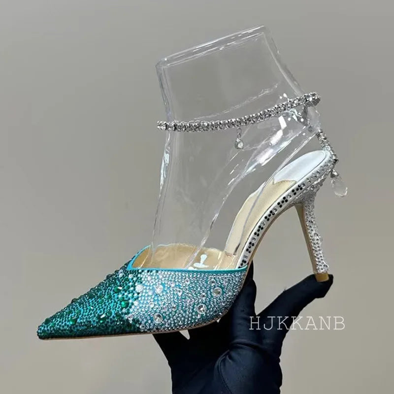 Pointed Toe Thin High Heel Pumps Women Ankle Strap Crystal Single Shoes Bling Rhinestone Sandals Sexy Spring Party Dress Shoes