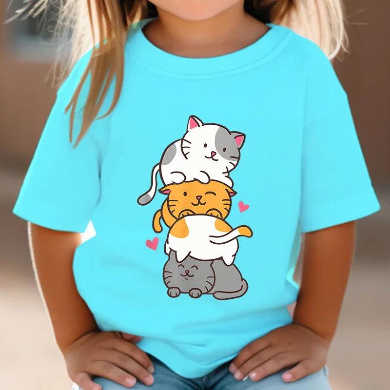Cute Cat Graphic Kids Tshirts Kawaii T-Shirt Kids Summer Short Sleeve Tees Cartoon Animal Boys Girls Kawaii Kitten Tops Tshirt