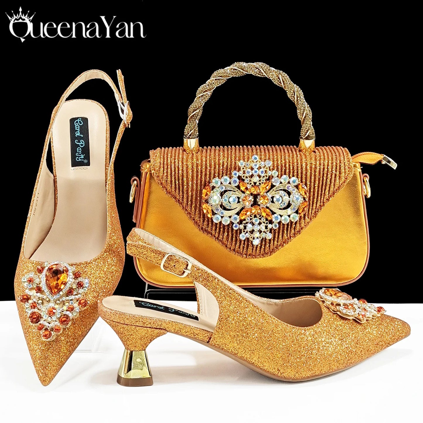 Italian Design Peach Color Pointed Toe Shoe & Bag Set Rhinestone Luxury  Women's High Heels for Parties By QSGFC