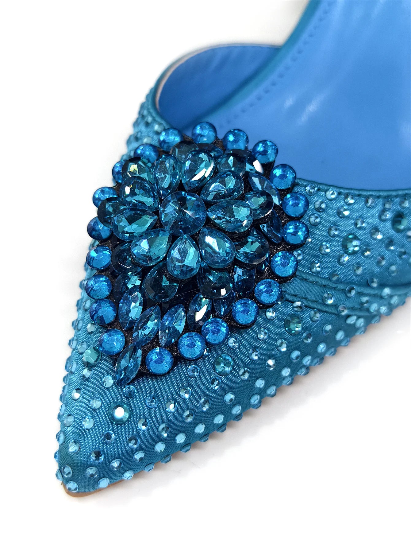 Pointed Toe High Heels Sandals for Women 2025 Elegant Blue Diamond Pumps Italian Shoes and Bags Matching Set