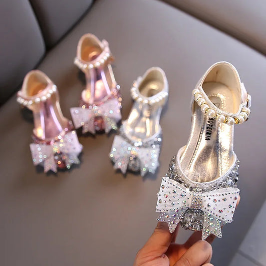 Autumn Summer Kids Leather Shoes Fashion Sequins Pearl Bow Girls Princess Shoes Children Sandals Party Shoes