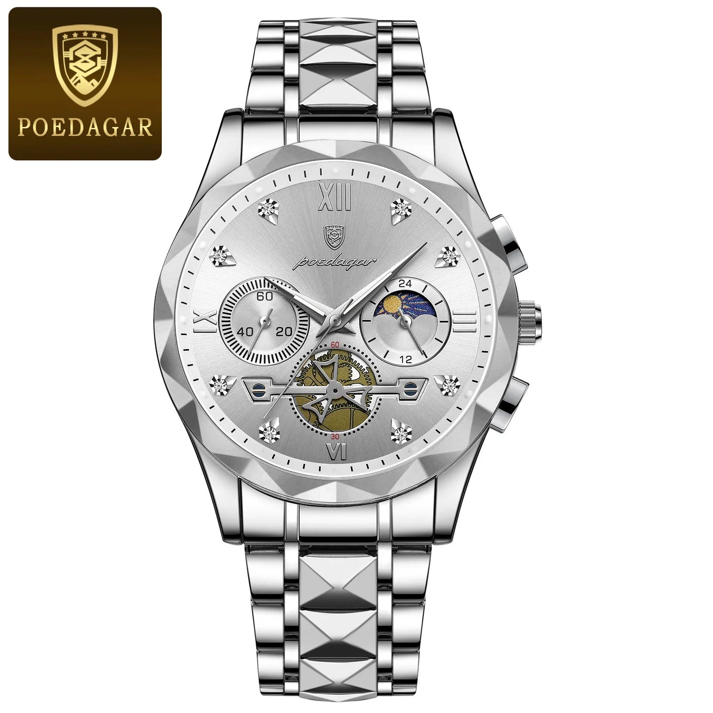 POEDAGAR Fashion Luxury Man Wristwatch Stainless Steel Quartz Watches for Men Waterproof Luminous Chronograph Sports Men's Watch