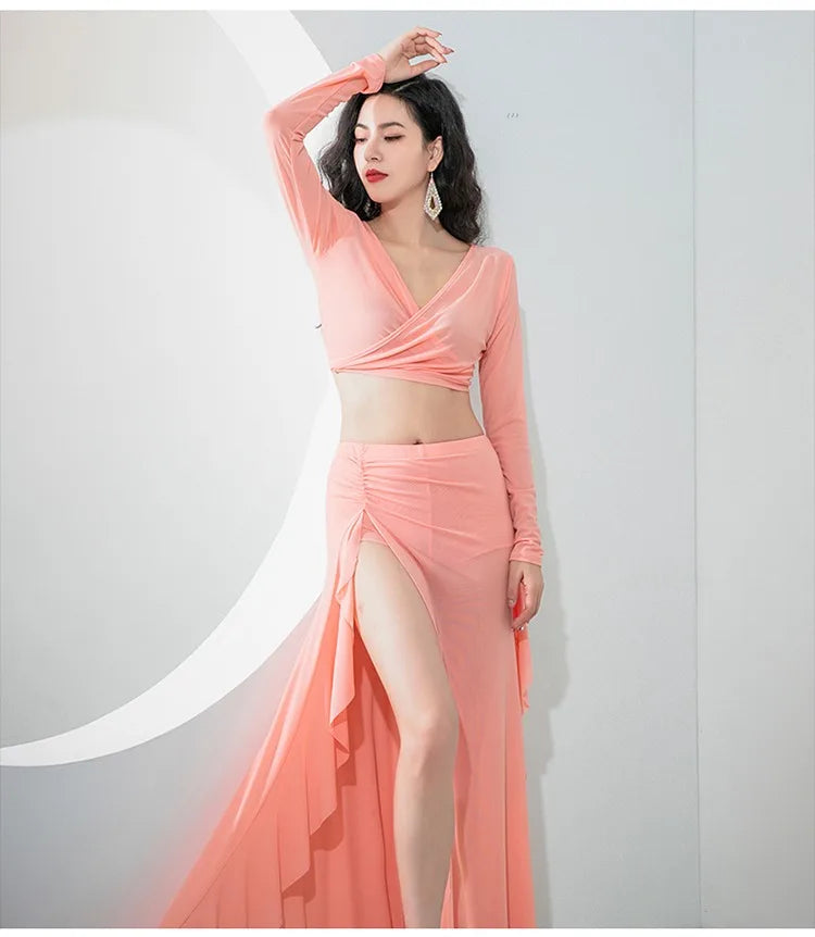 Women Oriental Dance Costume Dress 2 Piece Gauze Top Side Split Long Skirt Professional Dancer Performance Training Outfit New