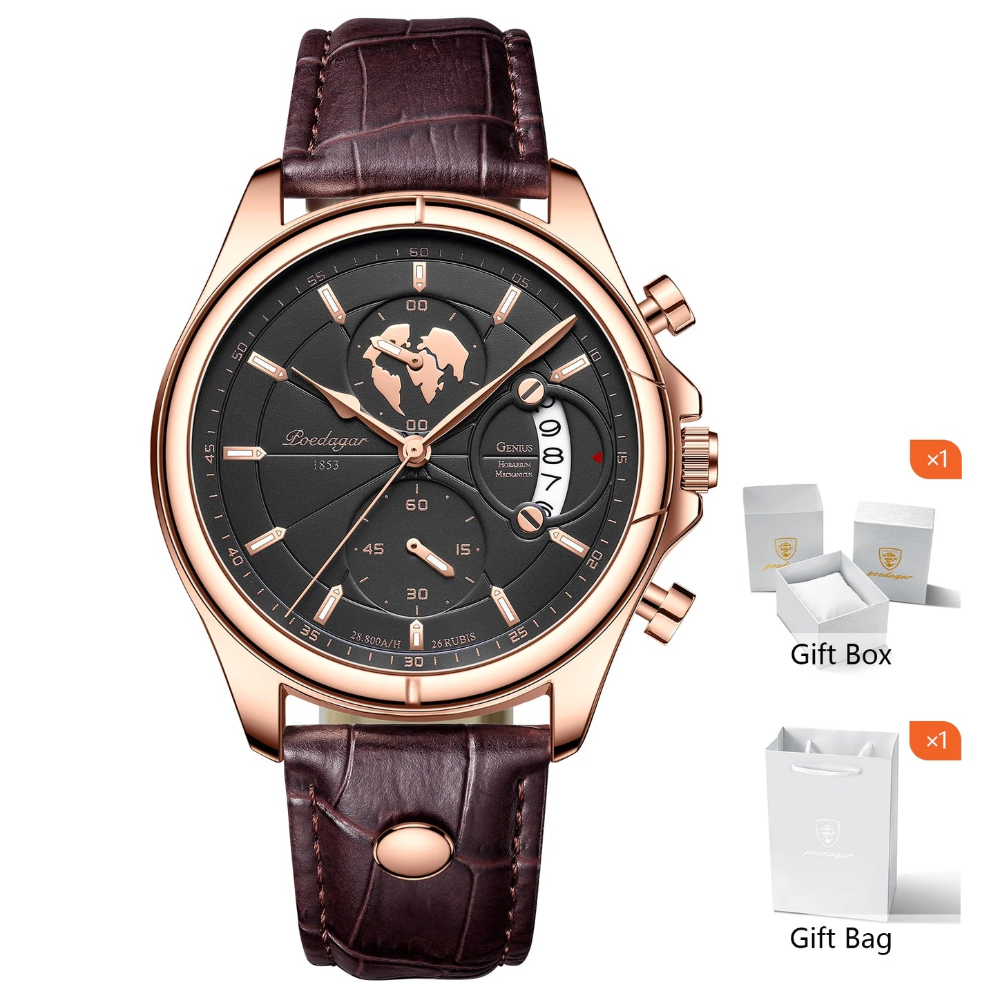 POEDAGAR Luxury Watches For Men Chronograph Date Waterproof Luminous Man Watch Leather Quartz Business Men's Watch with Box Gift