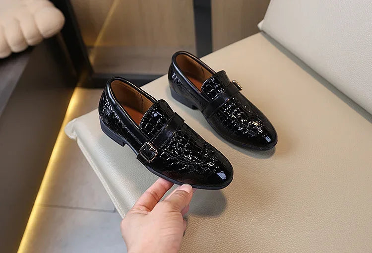 Kids Leather Shoe for Catwalk Fashion Boys Black Flats Pointed-toe Versatile School Uniform Children Performance Low-heels Shoes