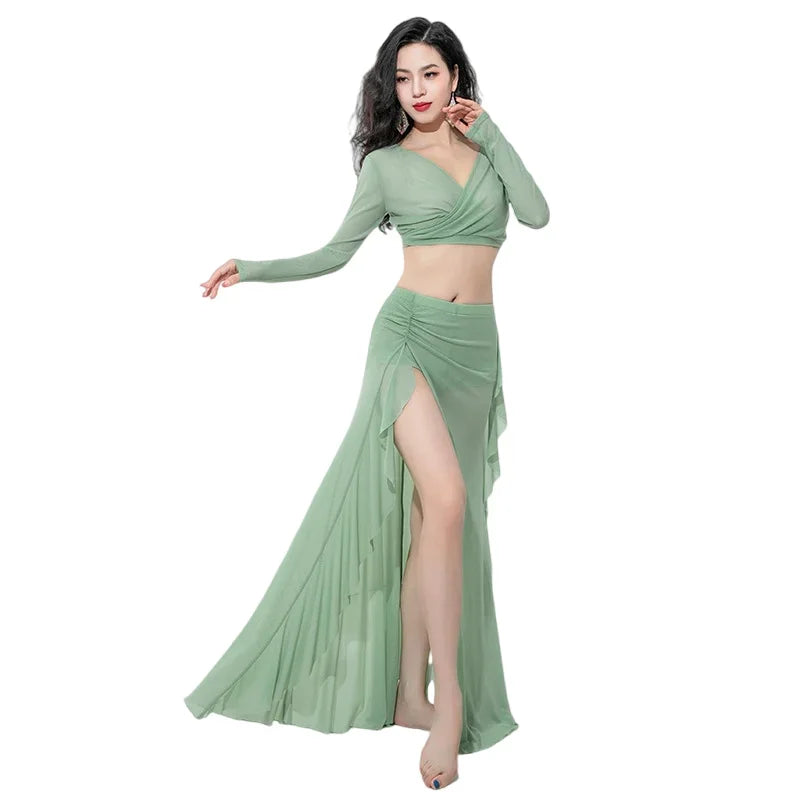 Women Oriental Dance Costume Dress 2 Piece Gauze Top Side Split Long Skirt Professional Dancer Performance Training Outfit New