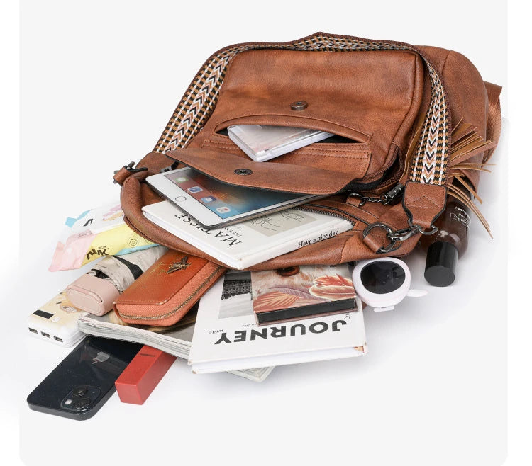 Backpack for Women Large Womens Backpack Leather Travel Fashion Purse Designer Ladies Shoulder Bags with Tassel Two-toned Brown