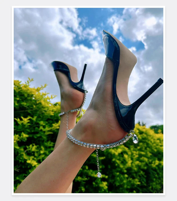 2025 New Mesh Hot Drilled Sexy Versatile Pointed Shallow Mouth Water Diamond Chain High Heels Baotou Sandals for Women