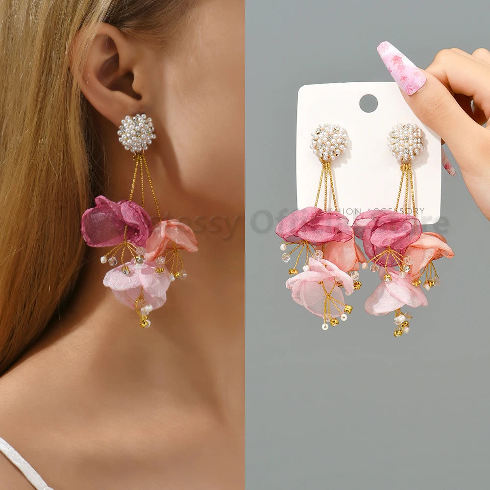 Boho Multicolor Cotton Flower Petal Dangle Earrings For Women Luxury Elegant Handmade Beaded Tassel Ear Pendant Fashion Jewelry