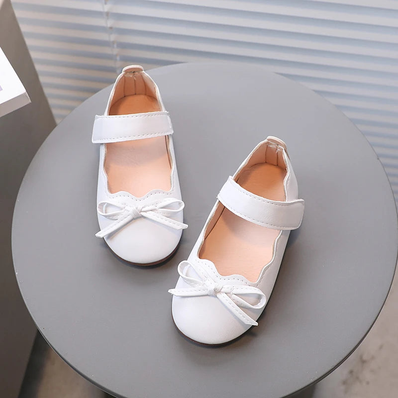 Little Girl's Princess Shoes Spring Black White Bowtie Cute Children Flat Shoe Shallow Matte Pu Leather Comfy Kids Shoe 21-30