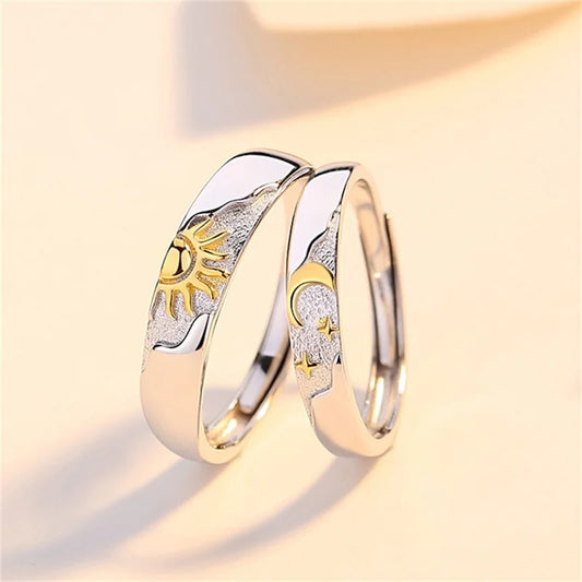 Trendy 925 Silver Ring For Men Women Jewelry Fashion Moon Sun Design Couple Ring Adjustable For Lover Wedding Accessories